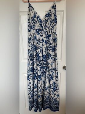 SHEIN White and Blue Floral Wrap Maxi Dress